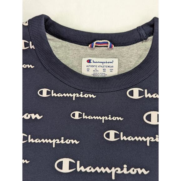 Champion Navy All-Over Script Logo Crewneck Sweatshirt Size 2XL - Picture 2 of 12